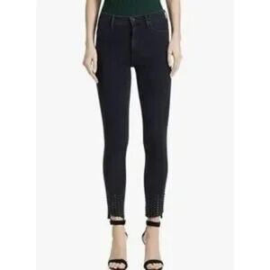 MOTHER The Stunner High Rise Skinny Jeans – Step Fray Ankle – Dark Gray Black